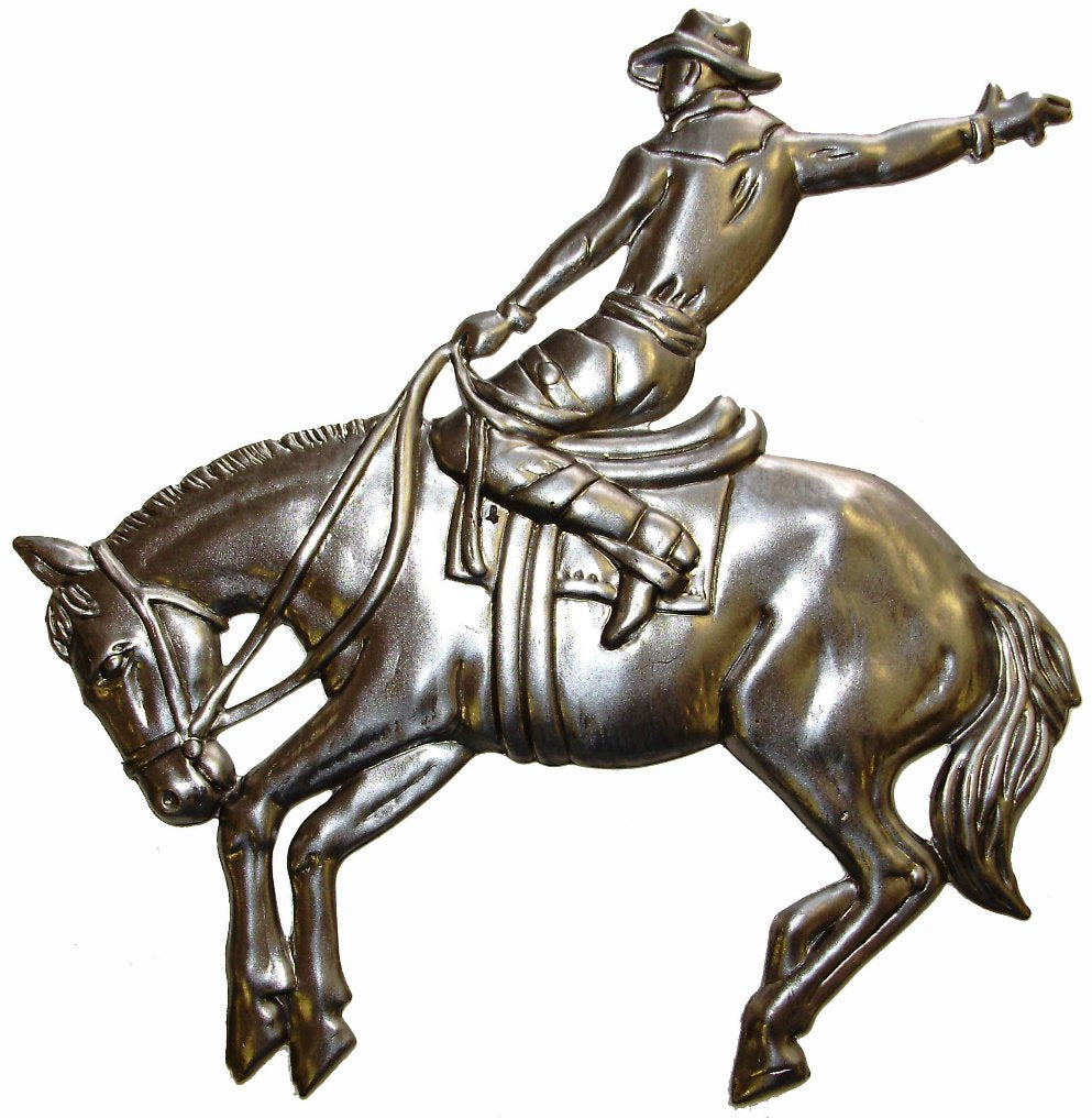 Metal Stamping Pressed Stamped Steel Cowboy on Bucking Bronco .020" Thickness A28 approx. size 4 3/4"w x 4 7/8"h
