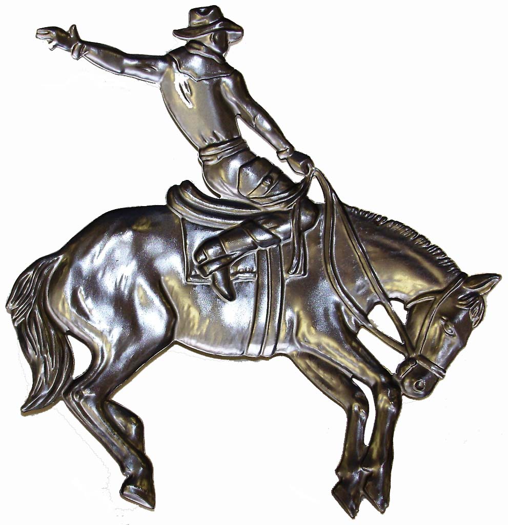 Backside View Metal Stamping Pressed Stamped Steel Cowboy on Bucking Bronco .020" Thickness A28 approx. size 4 3/4"w x 4 7/8"h