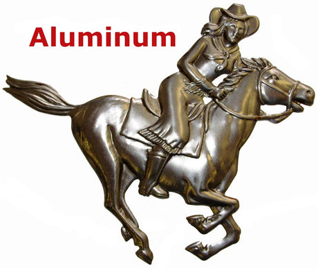 Solid Aluminum Stamping Pressed Stamped Cowgirl on Horse .020" Thickness A29 approx. size 5 7/8"w x 4 3/4"h