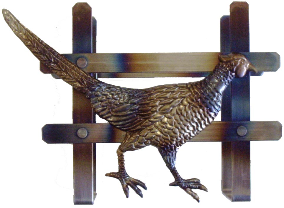 Torched Pheasant on letter/envelope holder project. Metal Stamping Pressed Stamped Steel Pheasant Bird .020" Thickness B27 approx. size 6 5/8"w x 4 1/2"h.