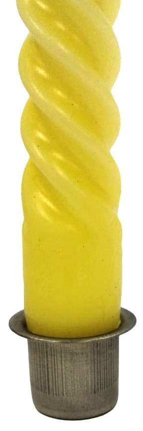 C27 metal steel taper candle holder shown with candle inserted.