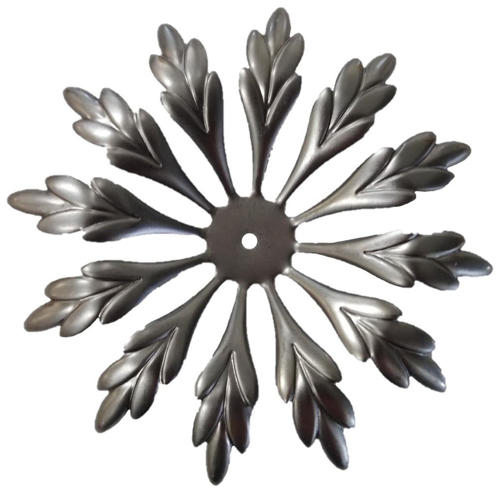 Metal Stamping Pressed Stamped Steel Flower 12 Petals .020" Thickness F78  approx. size 2 15/16" diameter .  This is the large size of the 3 flowers, F76 is the smallest, then F77, and largest is this one the F78.  Center 9/16" dia. is flat with a 1/8" dia. hole punched.  Leaves go up and outward, then fold back down