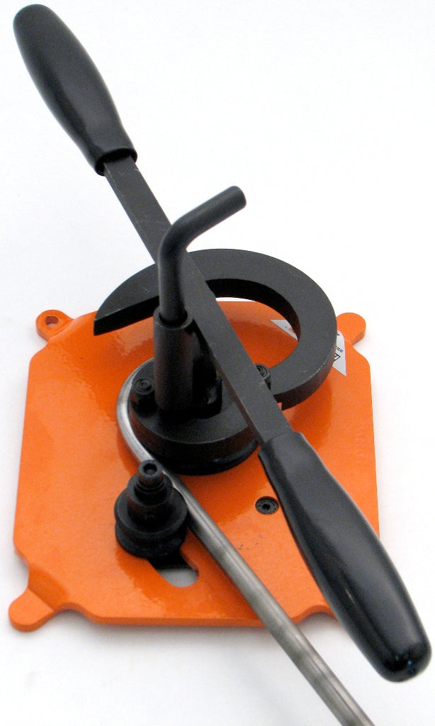 Picture shows 3/8" O.D. tubing formed. Once end of tube fed into tube bending component, rotate handles to create bend in tube up to 180 degrees.