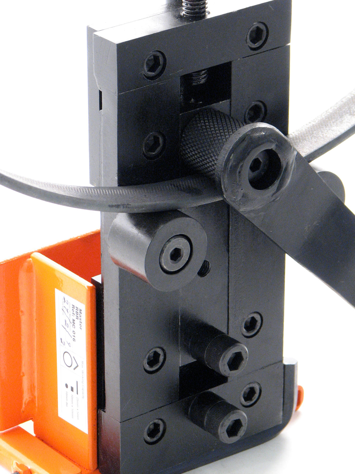 Metalcraft Master Riveting Bending Rolling Tool in upright position doing the rolling feature. Rolling can be done with tool horizontal or vertical.