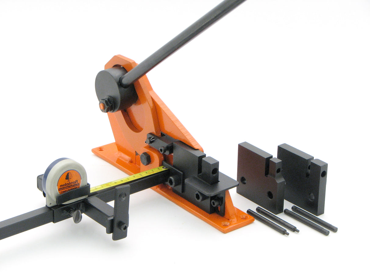 Metalcraft Master Punch / Shear Tool shown with 3 sizes of punch blocks/pins included plus complete with Tape Measuring Device