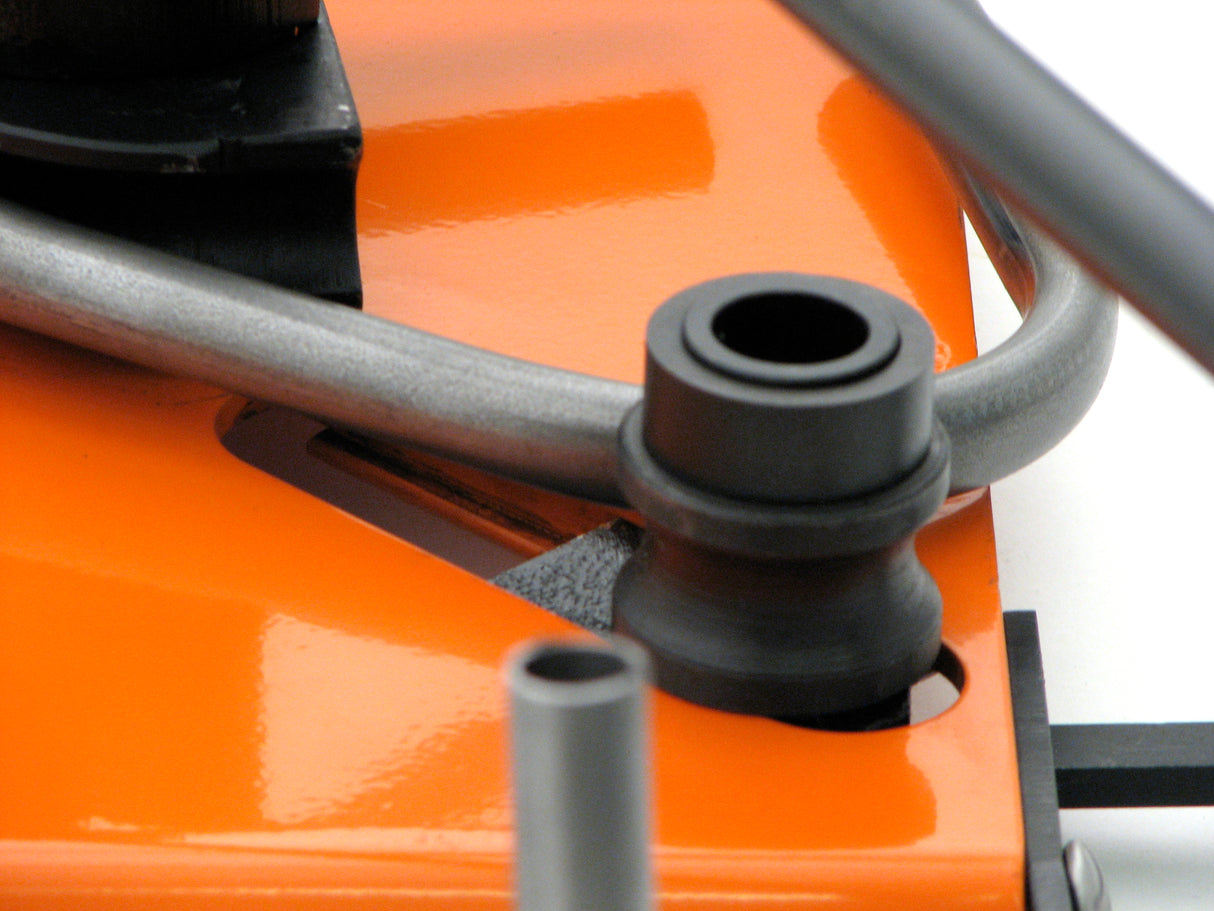 Extreme closeup of roller component that attaches to slide unit on the front of the Metalcraft Scroll Bender MK3/3 Former.