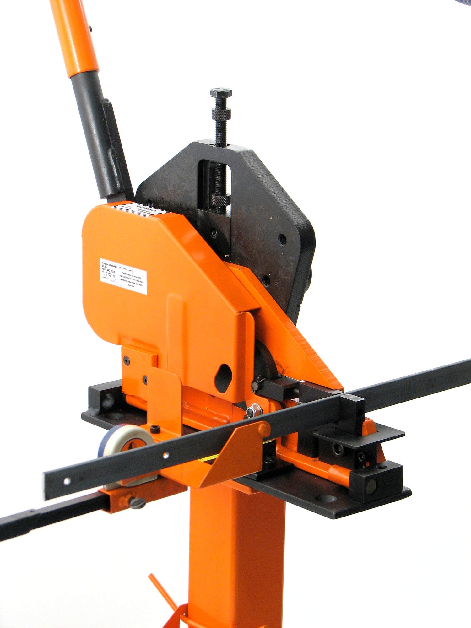 Metalcraft XL5+ Power Bender shown on option 1: pedestal.  Packs a mean punch with a reversible punch block capable of 3/16" and 1/4" dia. holes in 3/16" and 1/4" flat metal strip respectively. Also includes combination punch block and pins for 1/8" and 4mm