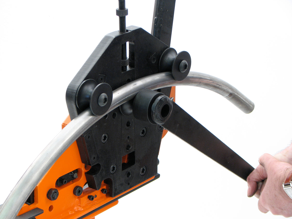 Closeup of 1" round tubing being rolled using Option 4: Tube/Rod Rolling Kit.