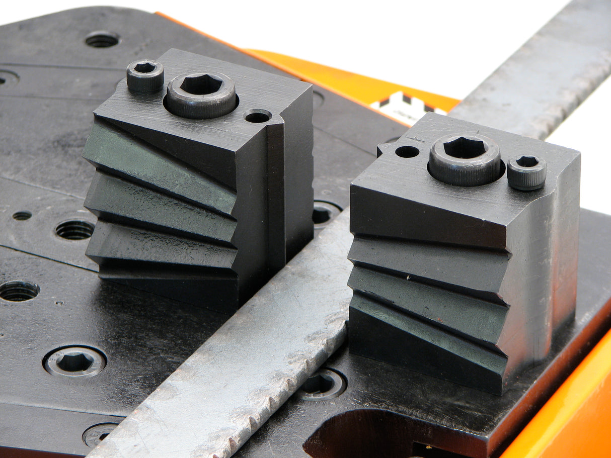 Option 2 for the Metalcraft XL5+ Power Bender Tool. Showing here is flat metal steel strip being embossed to create stylish edge with scallops and nicks in hot rolled mild steel