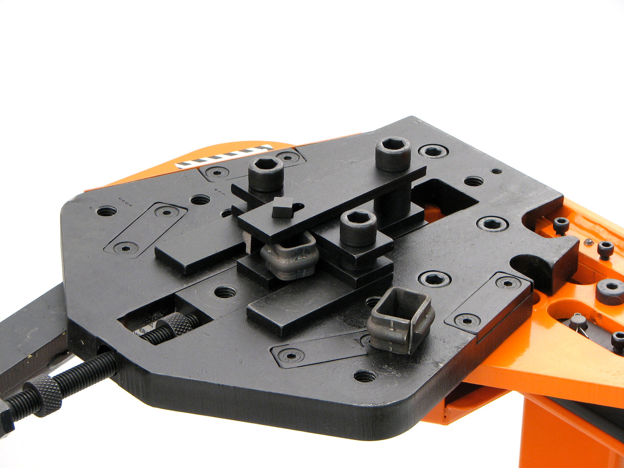 Metalcraft Option 5: Micro Bending Kit mounted on XL5+ Power Bender Tool laying flat and attached to Option 1: Pedestal