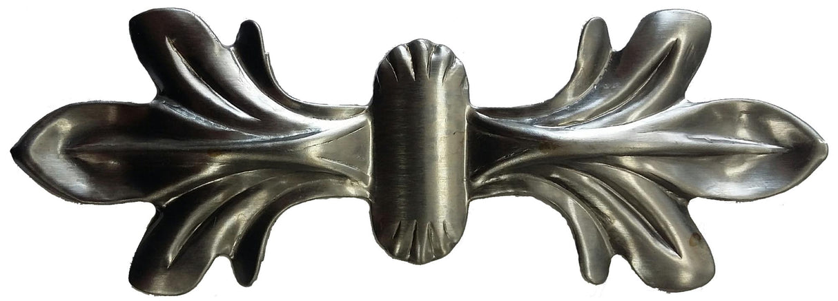 Horizontal View. Metal Stamping Pressed Stamped Steel Leaf Acanthus Double .020" Thickness L204 approx. size 4 3/16"w x 1 1/2"h.