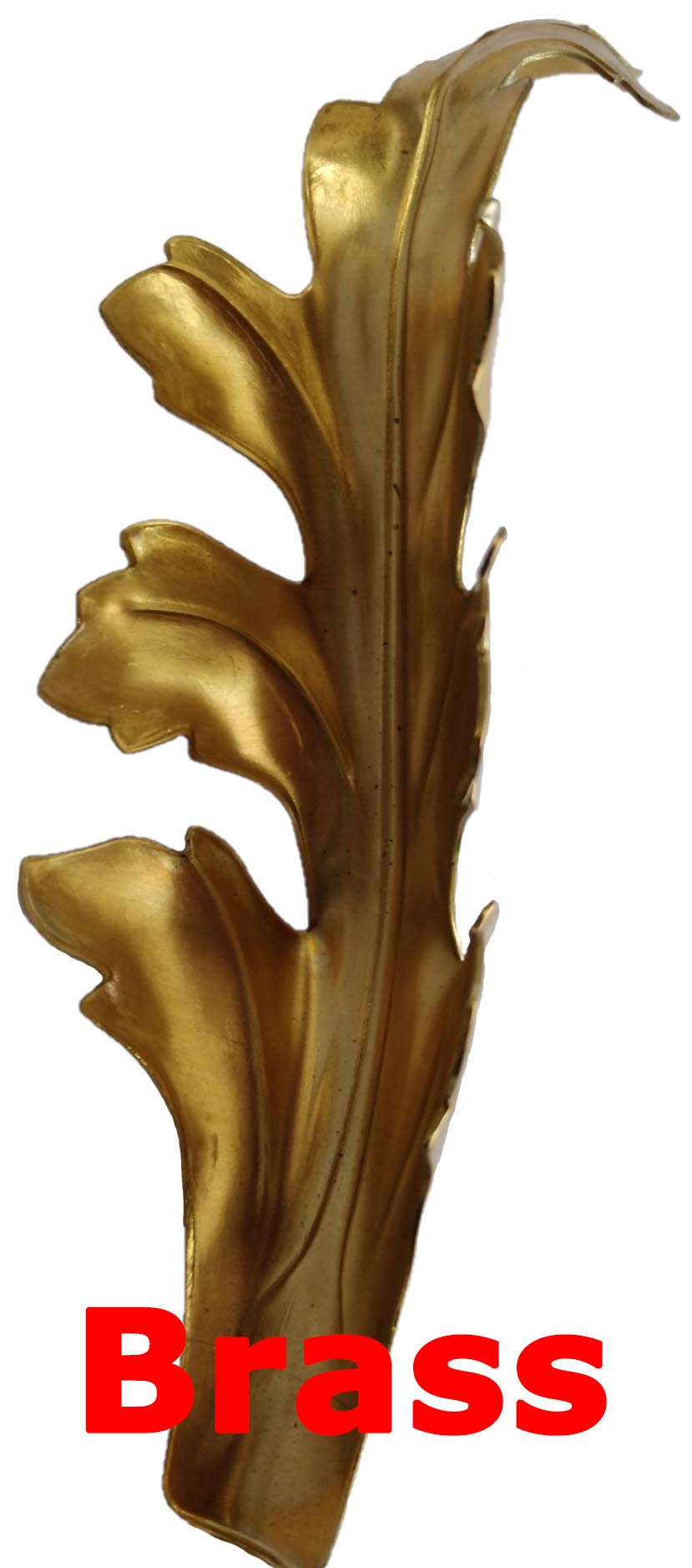 Solid Brass Stamping Pressed Stamped Formed Acanthus Leaf with Tip Curved Backwards .020" Thickness L284 approx. size 1 1/2"w x 5 1/8"h.