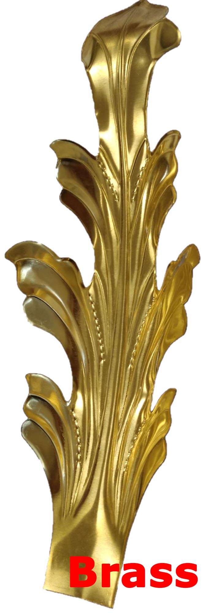 Solid Brass Stamping Pressed Stamped Leaf Acanthus Formed Leaf with Tip Upwards .020" Thickness L285 approx. size 3 9/16"w x 11"h.