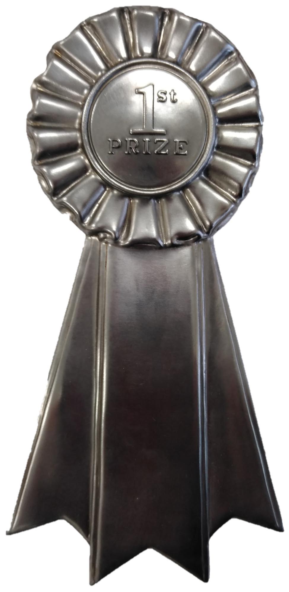 Metal Stamping Pressed Stamped Steel Blue Ribbon 1st Prize .020" Thickness M117 approx. size 2 7/8"w x 5 3/4"h.
