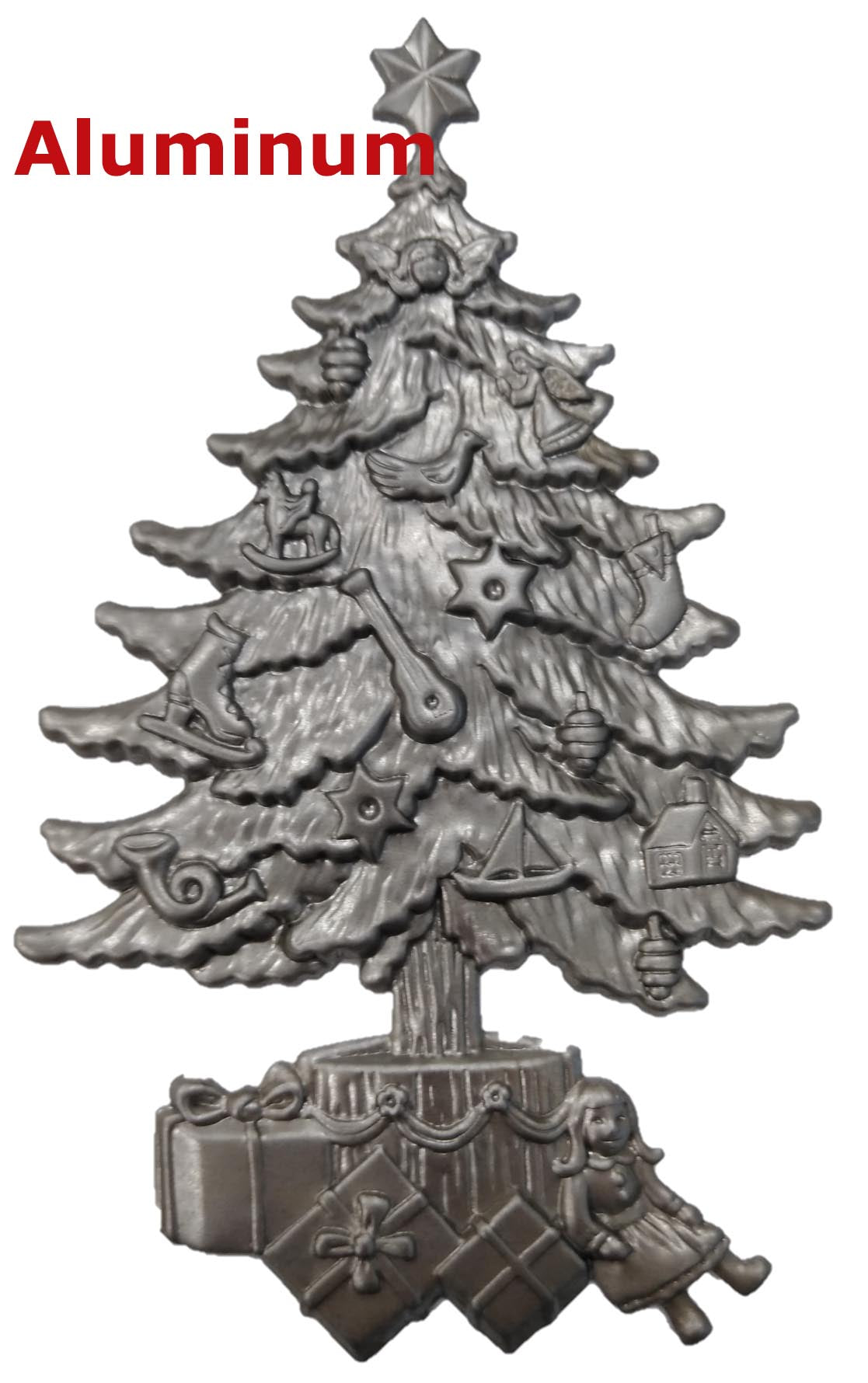 Solid Aluminum Stamping Pressed Stamped Evergreen Fir Christmas Tree Presents .020" Thickness M21 approx. size 4 1/16"w x 6 3/4"h.