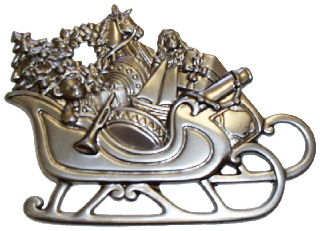 Metal Stamping Pressed Stamped Steel Sleigh Presents Christmas Gifts Tree .020" Thickness M56 approx. size 5 3/16"w x 3 3/4"h.