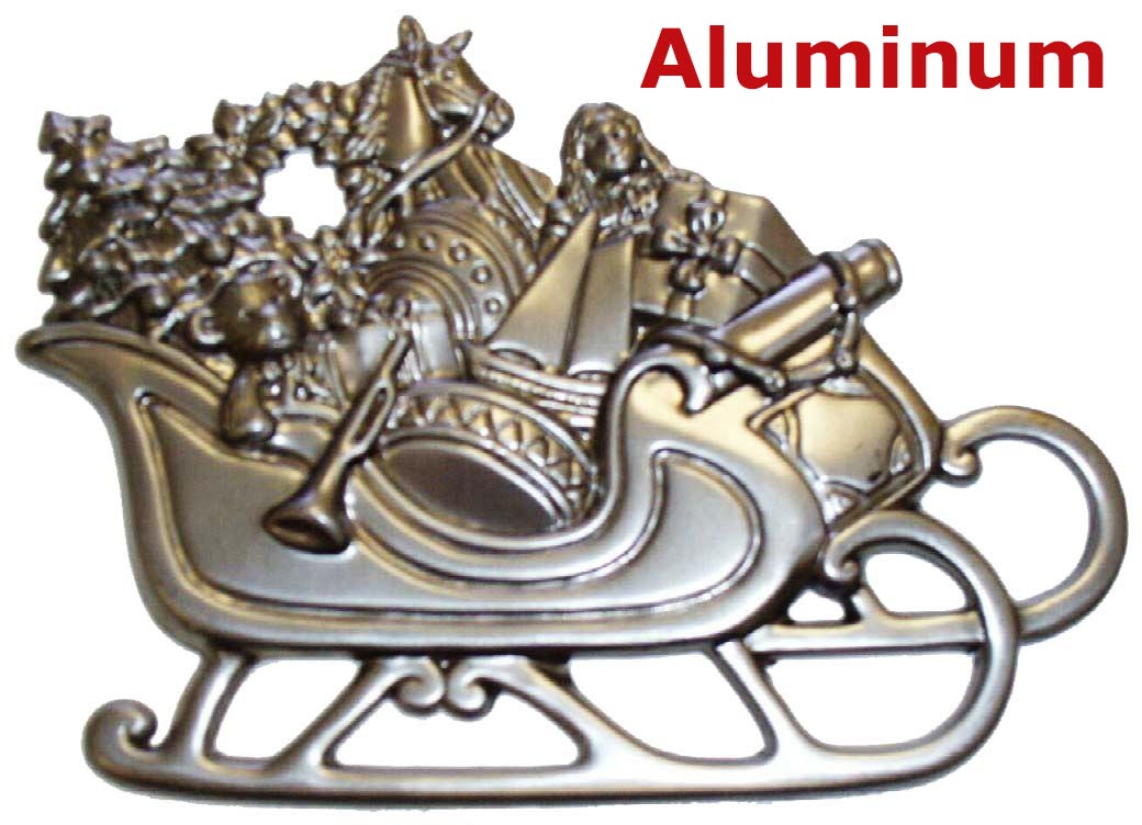 Solid Aluminum Stamping Pressed Stamped Sleigh Presents Christmas Gifts Tree .020" Thickness M56 approx. size 5 3/16"w x 3 3/4"h.