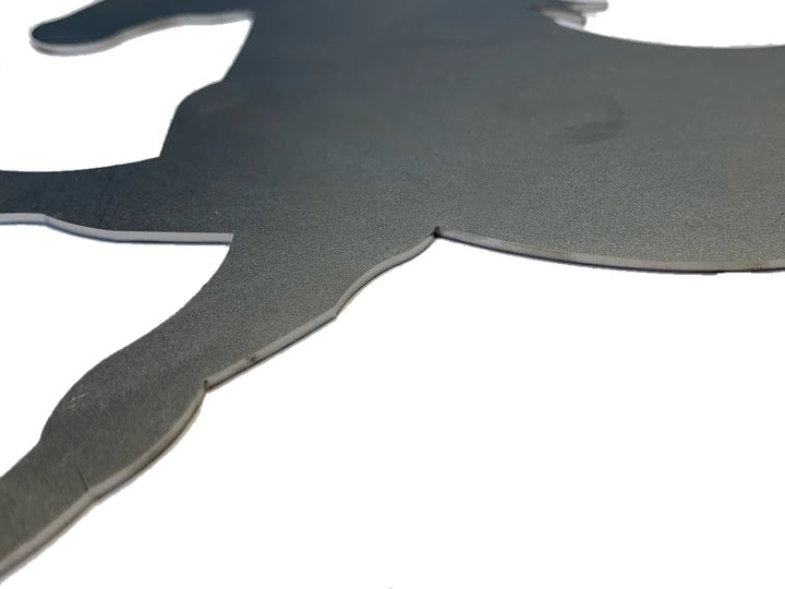 Horse Silhouette Laying Flat. Metal Steel Silhouette Horse Galloping Trot .075" Thickness MC1488 (slightly thicker than a penny) approx. size 14 1/4"w x 9 1/2"h