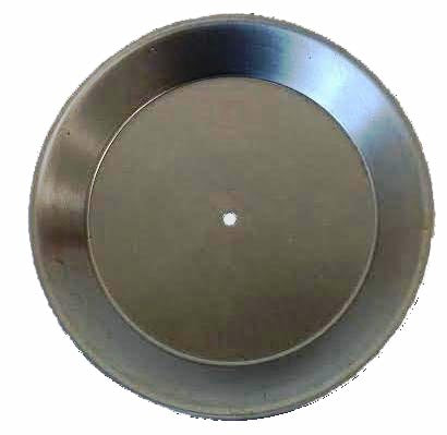 Top View Metal Stamping Pressed Stamped Steel Candle Tray Plate Holder Plain .024" Thickness T14 approx. sizes 2 7/8" inside flat base, sides go up and outward with overall diameter across the top being 3 15/16". 1/2" high This candle plate / tray has a flat base, then sides go up and outward approx. 9/16" rolled edge