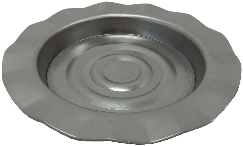 Metal Stamping Pressed Stamped Steel Candle Tray Plate Holder Wavy Scalloped Edge .034" Thickness T36 approx. size 2 7/16" inside bottom base. Overall approx. 3 11/16" diameter across the top This candle tray has a target design on the bottom which is slightly raised, then sides go up 5/16" at a slight 1/16" angle, and then sides flatten out 1/2"