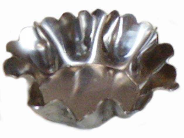 Metal Stamping Pressed Stamped Steel Candle Tray Plate Holder Fluted .020" Thickness T4 approx. size 1 1/2" outside diameter x 7/16"h. Inside bottom is approx. 7/8" dia. solid flat base, then sides go up and are wavy