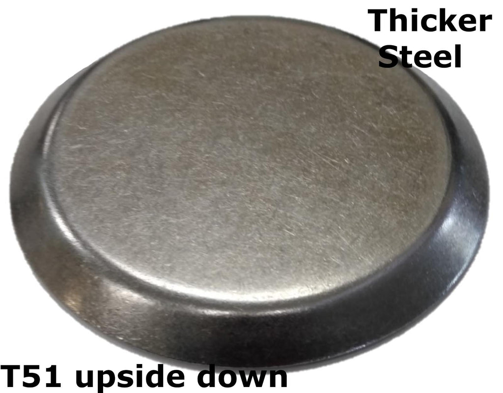 Upside Down Metal Stamping Pressed Stamped Steel Candle Tray Plate Holder Plain .077" Thickness T51 approx. sizes 3 11/16" inside flat base, sides go up and outward about 7/16" with overall diameter across the top being 4 1/2". Overall height 5/16"
