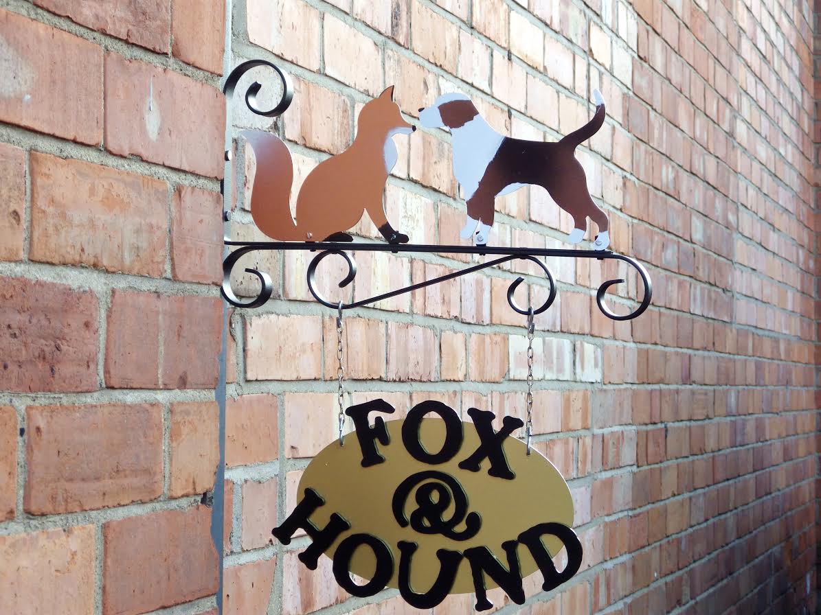 Fox Silhouette and Dog Silhouette Facing Each Other on Sign Holder. Metal Steel Silhouette Hound Dog .072" Thickness MC1464 (slightly thicker than a penny) approx. size 7"w x 5 3/4"h.