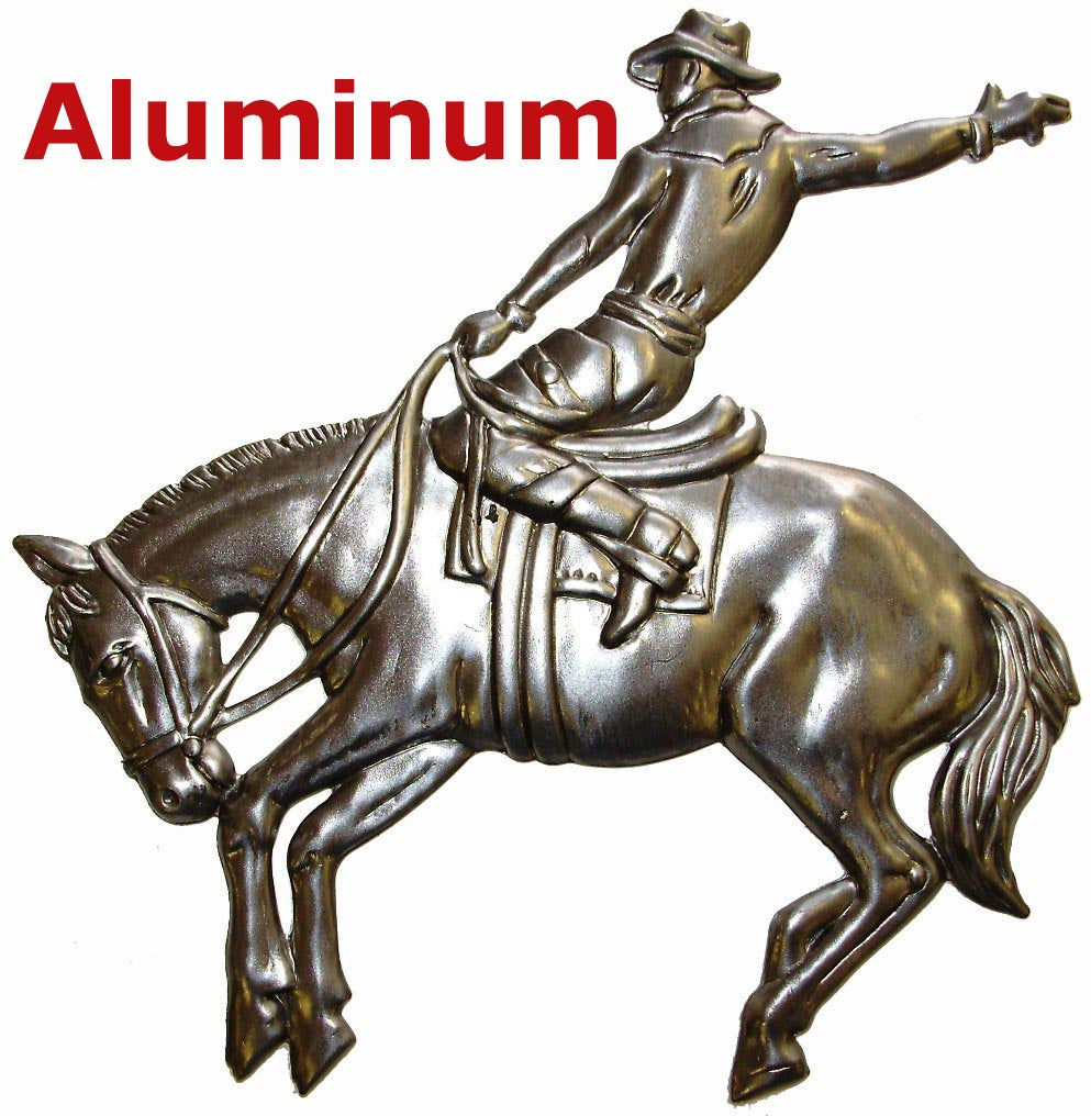 Solid Aluminum Stamping Pressed Stamped Cowboy on Bucking Bronco .020" Thickness A28 approx. size 4 3/4"w x 4 7/8"h 