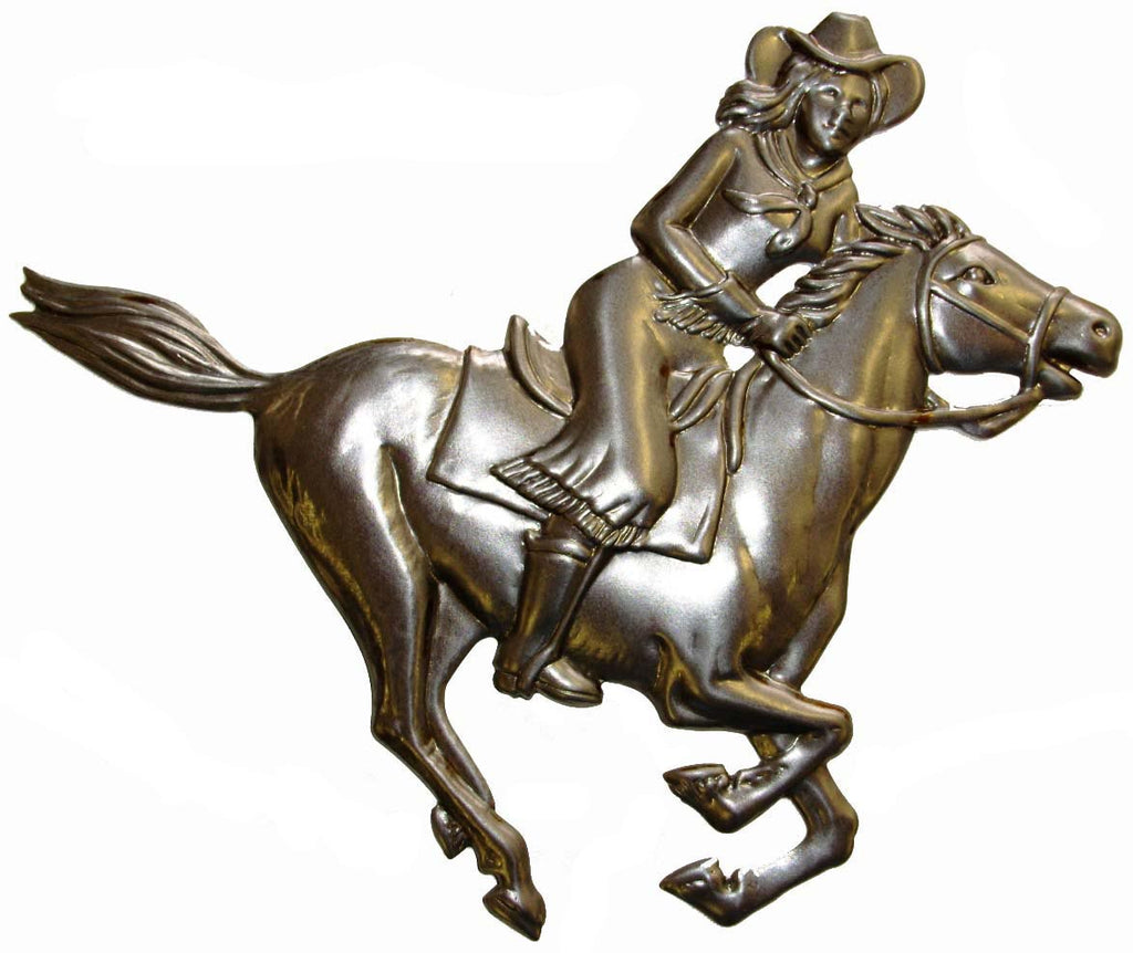 Metal Stamping Pressed Stamped Steel Cowgirl Riding Horse .020" Thickness A29 approx. size 5 7/8"w x 4 3/4"h