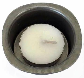 Top View with Candle Metal Stamping Pressed Stamped Steel Candle Holder Tea Light Large .032" C2 approx. size 2"w (measuring inside top), 2 1/2" (measuring across outside top lip), while the bottom and sides are round - top is not perfectly round which gives tea light holder added design, 2" (inside bottom), inside walls go straight up 15/16" and then curls out, overall 1" high