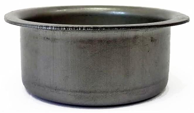 Side View Metal Stamping Pressed Stamped Steel Candle Holder Tea Light Large .032" C2 approx. size 2"w (measuring inside top), 2 1/2" (measuring across outside top lip), while the bottom and sides are round - top is not perfectly round which gives tea light holder added design, 2" (inside bottom), inside walls go straight up 15/16" and then curls out, overall 1" high
