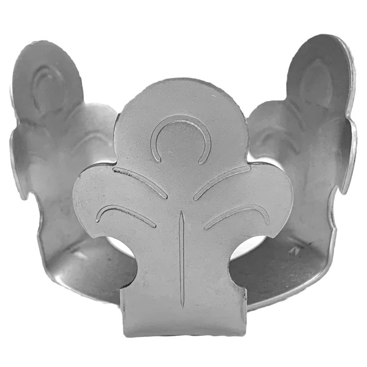 Metal Stamping Pressed Stamped Steel Candle Holder Fleur De Lis .050" C51 approx. size 2" opening from top tip to tip x 2"h bottom has slight curvature with fleur de lis sides going upward sides can be pushed in/out to accommodate different size candles. Picture 2