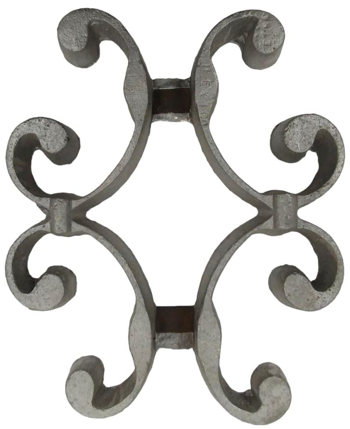 Front Side of Aluminum Decorative Castings with Steel Tabs (pack of 5).  Add decor to your fences, gates, stairwells, window and security grills, plus many more applications. Approx. size 5"w x 7 1/4"h x 3/4" deep.