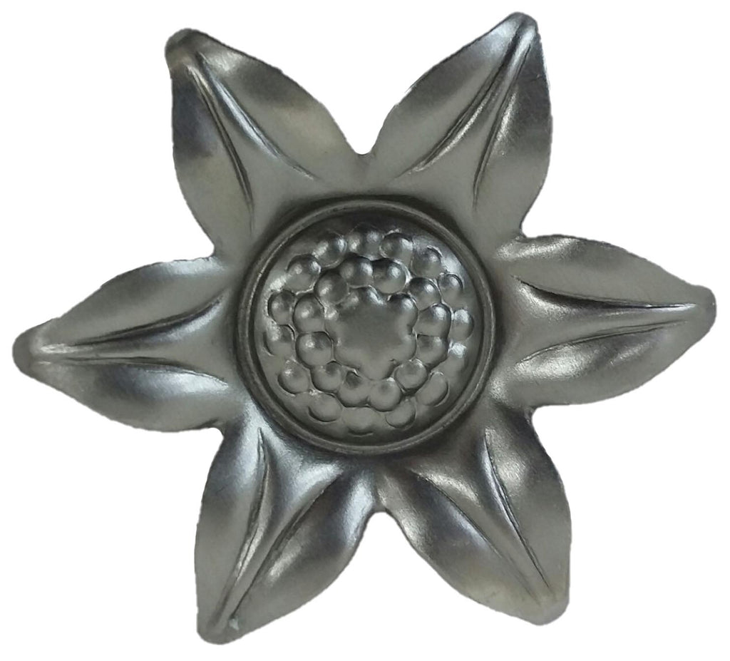 Metal Stamping Pressed Stamped Steel Sunflower .020" Thickness F46. Approx. size 2 3/8" dia. Country of Origin: USA