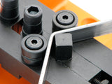 Piece of flat metal steel strip being angle bent on the Metalcraft Practical Riveting Bending Rolling Tool