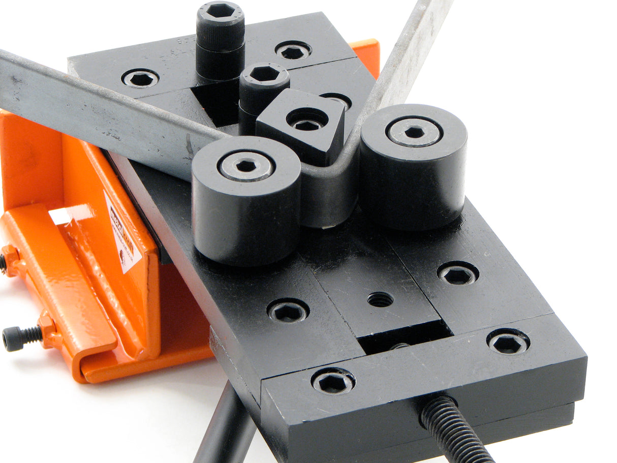 Closeup of Metalcraft Master RBR (Riveting, Bending, Rolling Tool) with piece of flat metal strip angle bent