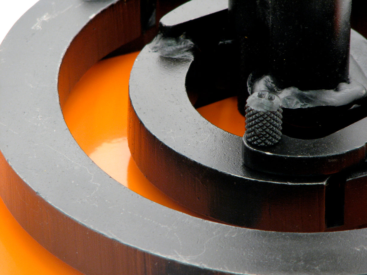 Extreme closeup of scroll segments and pin connecting segments.  Metalcraft Scroll Bender MK3/3 Former