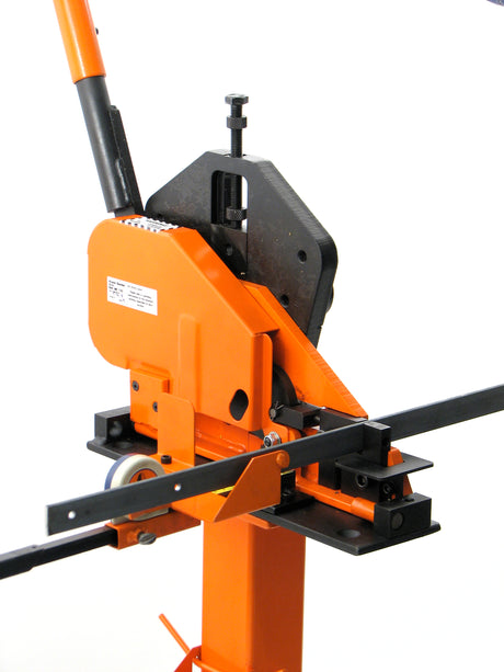 Metalcraft XL5+ Power Bender shown on option 1: pedestal.  Packs a mean punch with a reversible punch block capable of 3/16" and 1/4" dia. holes in 3/16" and 1/4" flat metal strip respectively. Also includes combination punch block and pins for 1/8" and 4mm 