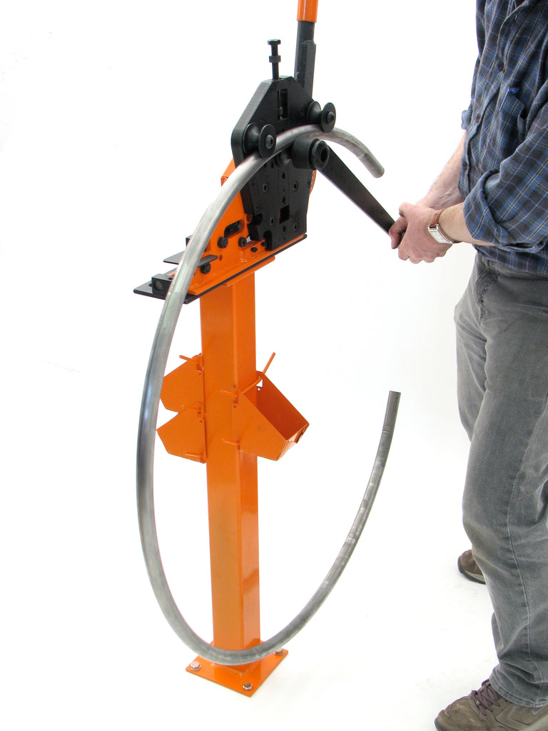 While the Metalcraft XL5+ Power Bender can be bench mounted, this Pedestal is handy as it allows one to roll circles either going up or down AND pedestal allows one to walk around the Metalcraft XL5+ Power Bender while working giving one added leverage.