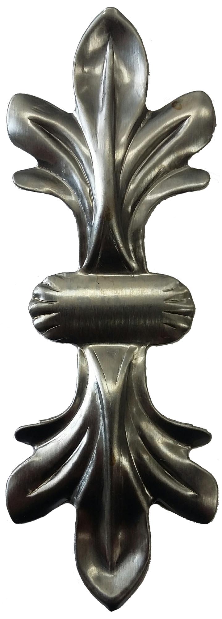 Vertical View. Metal Stamping Pressed Stamped Steel Leaf Acanthus Double .020" Thickness L204  approx. size 4 3/16"w x 1 1/2"h.