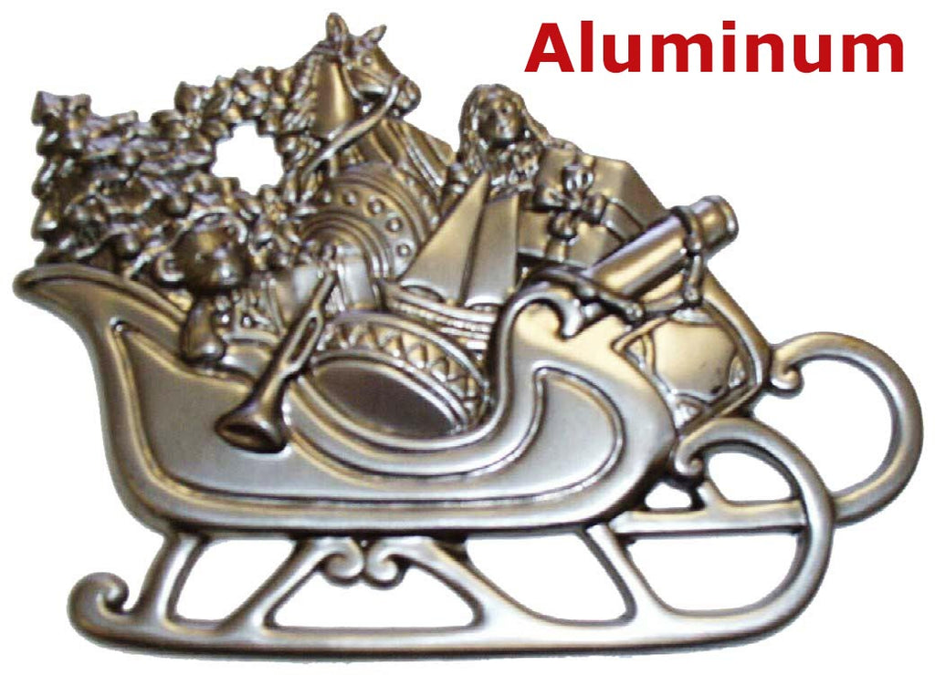 Solid Aluminum Stamping Pressed Stamped Sleigh Presents Christmas Gifts Tree .020" Thickness M56  approx. size 5 3/16"w x 3 3/4"h.