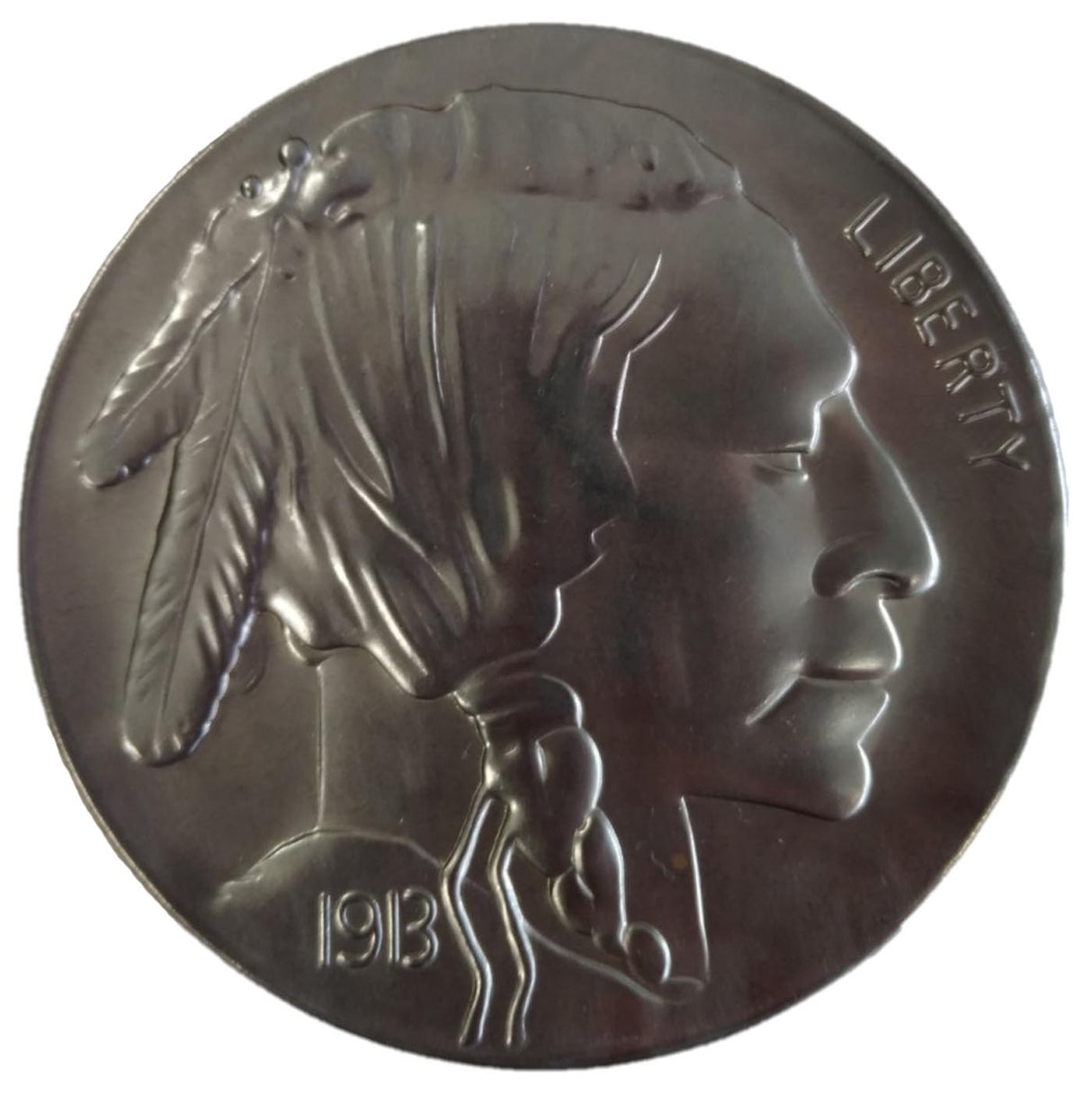 Metal Stamping Pressed Stamped Steel 1913 Coin Indian Head .020" Thickness M88 front side Metal Stamping Pressed Stamped Steel 1913 Coin Indian Head .020" Thickness M88  approx. size 3 1/16" diameter