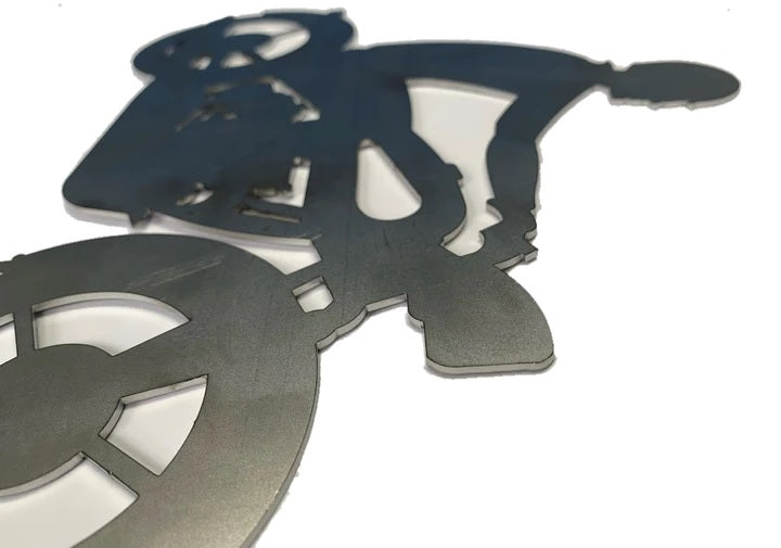 Motorcycle Rider Silhouette Laying Flat. Metal Steel Silhouette Motorcycle Rider Motorbike .075" Thickness MC1491 (slightly thicker than a penny)  approx. size 12 1/16"w x 9"h