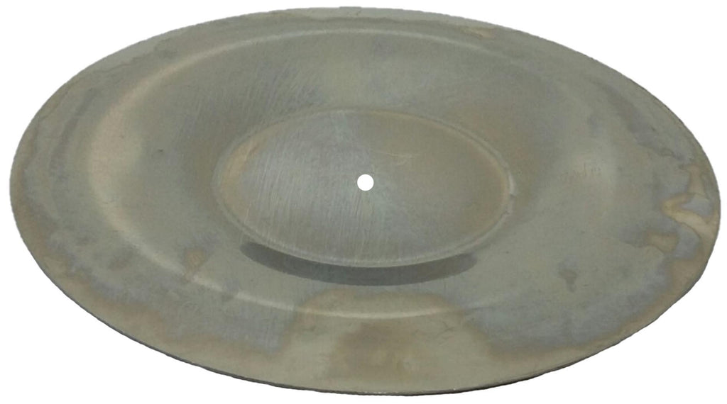 Metal Stamping Pressed Stamped Steel Candle Tray Plate Holder .020" Thickness T21 overall approx. size 2 7/8" diameter. 1 3/16" dia. center area is sunken in slightly flat base, then sides go up and gentle roll outward