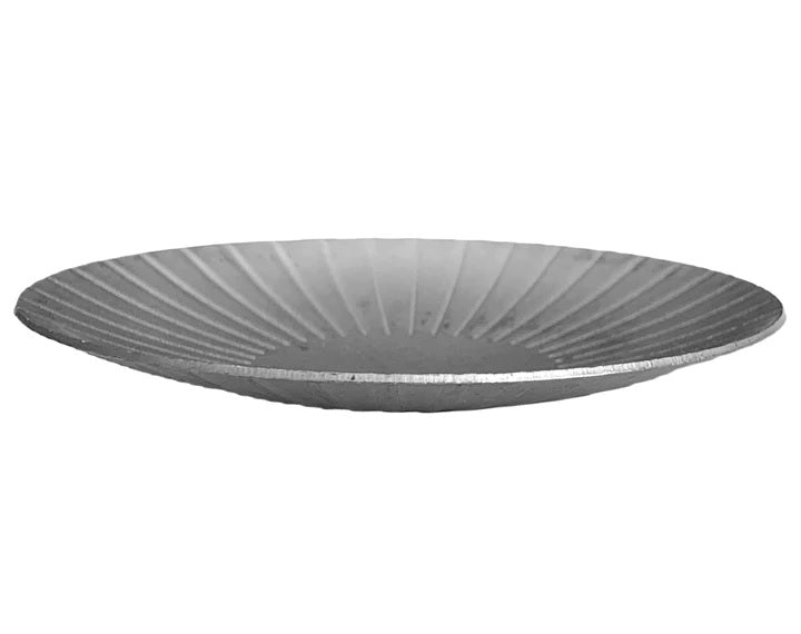 Side View Metal Stamping Pressed Stamped Steel Candle Tray Plate Holder Sunburst Slight Concave .047" Thickness T22 approx. size 3 5/16" diameter