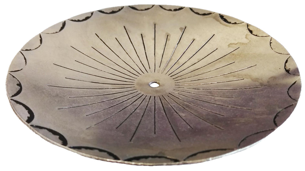 Metal Stamping Pressed Stamped Steel Candle Tray Plate Holder Etched Design Slight Concave .055" Thickness T23 approx. size 5" diameter