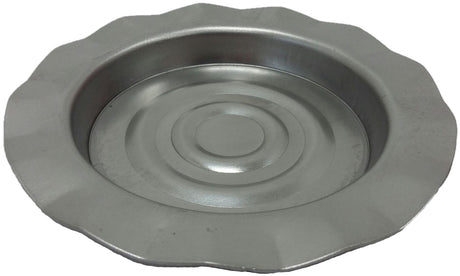 Metal Stamping Pressed Stamped Steel Candle Tray Plate Holder Wavy Scalloped Edge .034" Thickness T36 approx. size 2 7/16" inside bottom base. Overall approx. 3 11/16" diameter across the top This candle tray has a target design on the bottom which is slightly raised, then sides go up 5/16" at a slight 1/16" angle, and then sides flatten out 1/2"