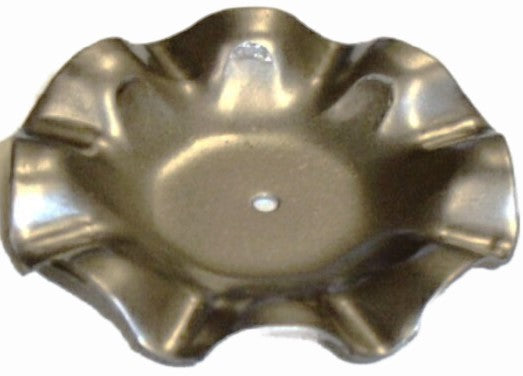 Metal Stamping Pressed Stamped Steel Candle Tray Plate Holder Wavy Edge .039" Thickness T7 approx. size 1 1/16" inside flat base and 2 5/8" diameter measuring across the top. 1/2" high flat base, then wavy sides go up and outward