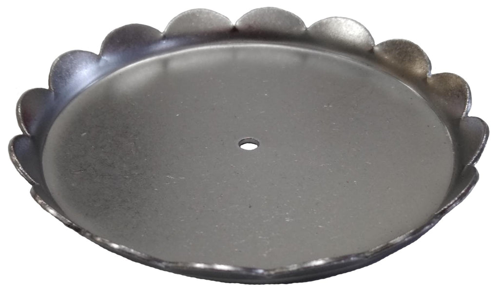 Metal Stamping Pressed Stamped Steel Candle Tray Plate Holder Scalloped Edge .032" T9 approx. size 2 7/16" inside flat base with total diameter across the top being 2 13/16 flat base, then sides go up and outward approx. 1/8" before the scalloped edge starts.   From base to top of scalloped edge is 1/4" height