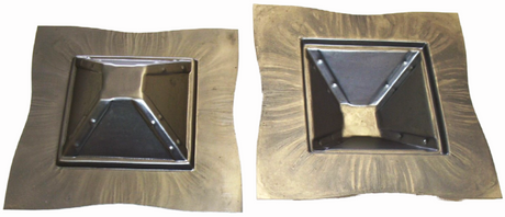 Metal Stamping Pressed Stamped Steel Lantern Top Square .020" Thickness M34  approx. size 7 1/4"L x 7 1/4"w x 1 5/8" high. Sides are flat, center section is pressed out. Center section dimensions: 4 1/4"L x 4 1/4"w x 1 5/8" deep